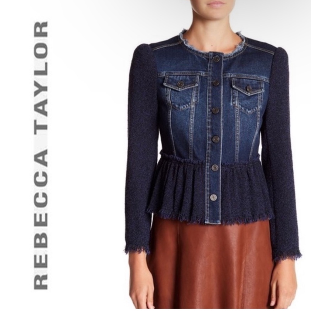 Nwt Rebecca Taylor Dark Blue Stretch Denim & Tweed Peplum Jacket Size 2